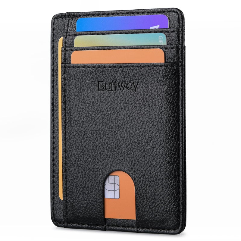 Buffway Slim Minimalist Front Pocket RFID Blocking Leather Wallets for Men and Women - Lichee Black - Image 1